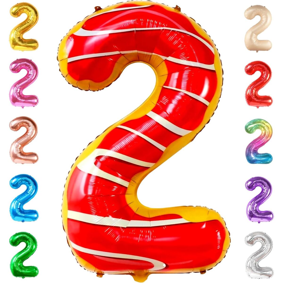 Balon din Folie Metalizata Embo, Figurina Cifra, Imprimeu Gogosi, Tema Aniversare 100 cm, Ambalaj Individual, Pai inclus, Umflare cu Aer sau Heliu, Multicolor, Cifra 2 - imagine 6