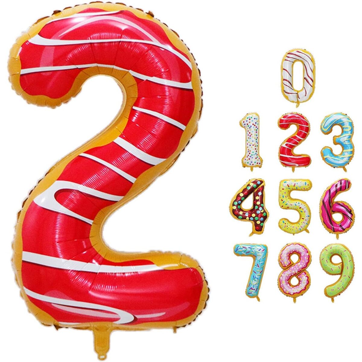 Balon din Folie Metalizata Embo, Figurina Cifra, Imprimeu Gogosi, Tema Aniversare 100 cm, Ambalaj Individual, Pai inclus, Umflare cu Aer sau Heliu, Multicolor, Cifra 2 - imagine 7