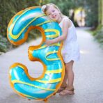 Balon din Folie Metalizata Embo, Figurina Cifra, Imprimeu Gogosi, Tema Aniversare 100 cm, Ambalaj Individual, Pai inclus, Umflare cu Aer sau Heliu, Multicolor, Cifra 3 - imagine 5