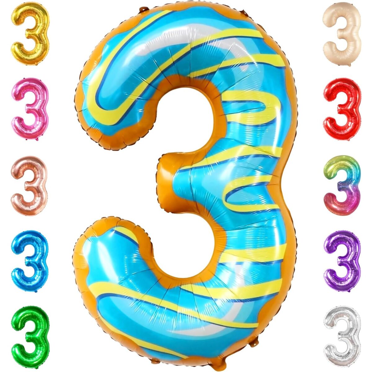 Balon din Folie Metalizata Embo, Figurina Cifra, Imprimeu Gogosi, Tema Aniversare 100 cm, Ambalaj Individual, Pai inclus, Umflare cu Aer sau Heliu, Multicolor, Cifra 3 - imagine 10