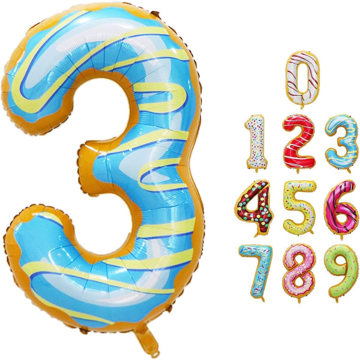 Balon din Folie Metalizata Embo, Figurina Cifra, Imprimeu Gogosi, Tema Aniversare 100 cm, Ambalaj Individual, Pai inclus, Umflare cu Aer sau Heliu, Multicolor, Cifra 3 - imagine 11