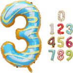 Balon din Folie Metalizata Embo, Figurina Cifra, Imprimeu Gogosi, Tema Aniversare 100 cm, Ambalaj Individual, Pai inclus, Umflare cu Aer sau Heliu, Multicolor, Cifra 3 - imagine 11