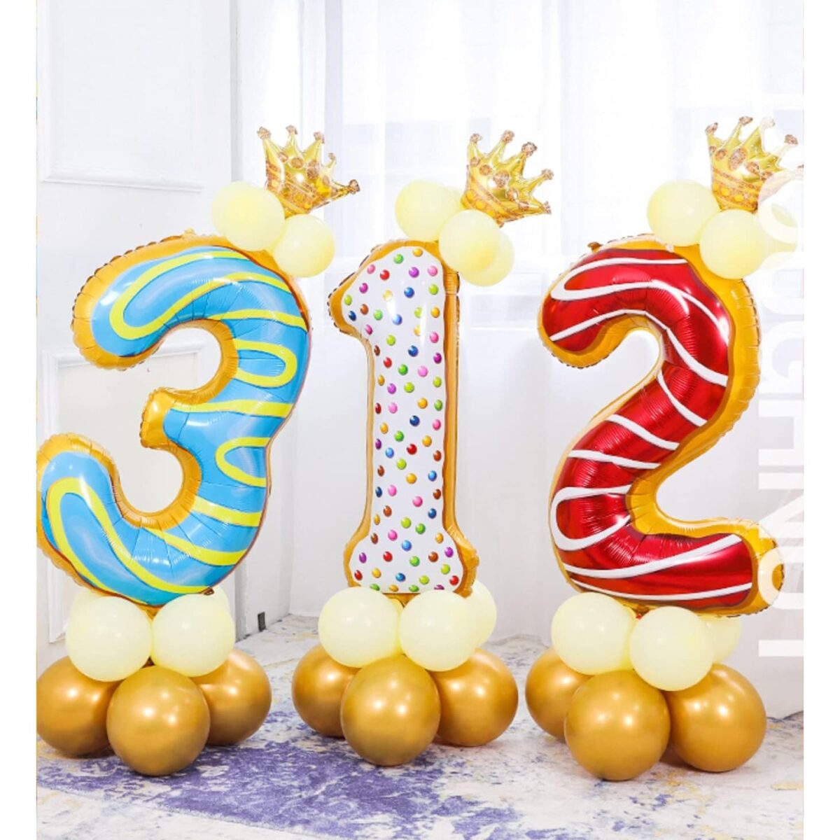 Balon din Folie Metalizata Embo, Figurina Cifra, Imprimeu Gogosi, Tema Aniversare 100 cm, Ambalaj Individual, Pai inclus, Umflare cu Aer sau Heliu, Multicolor, Cifra 3 - imagine 12