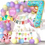 Balon din Folie Metalizata Embo, Figurina Cifra, Imprimeu Gogosi, Tema Aniversare 100 cm, Ambalaj Individual, Pai inclus, Umflare cu Aer sau Heliu, Multicolor, Cifra 7 - imagine 2