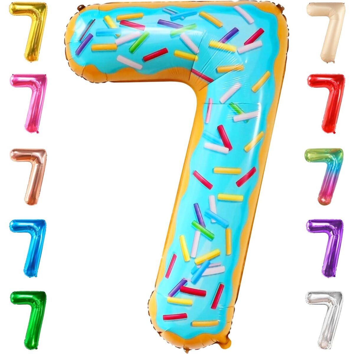 Balon din Folie Metalizata Embo, Figurina Cifra, Imprimeu Gogosi, Tema Aniversare 100 cm, Ambalaj Individual, Pai inclus, Umflare cu Aer sau Heliu, Multicolor, Cifra 7 - imagine 6