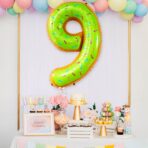 Balon din Folie Metalizata Embo, Figurina Cifra, Imprimeu Gogosi, Tema Aniversare 100 cm, Ambalaj Individual, Pai inclus, Umflare cu Aer sau Heliu, Multicolor, Cifra 9 - imagine 4