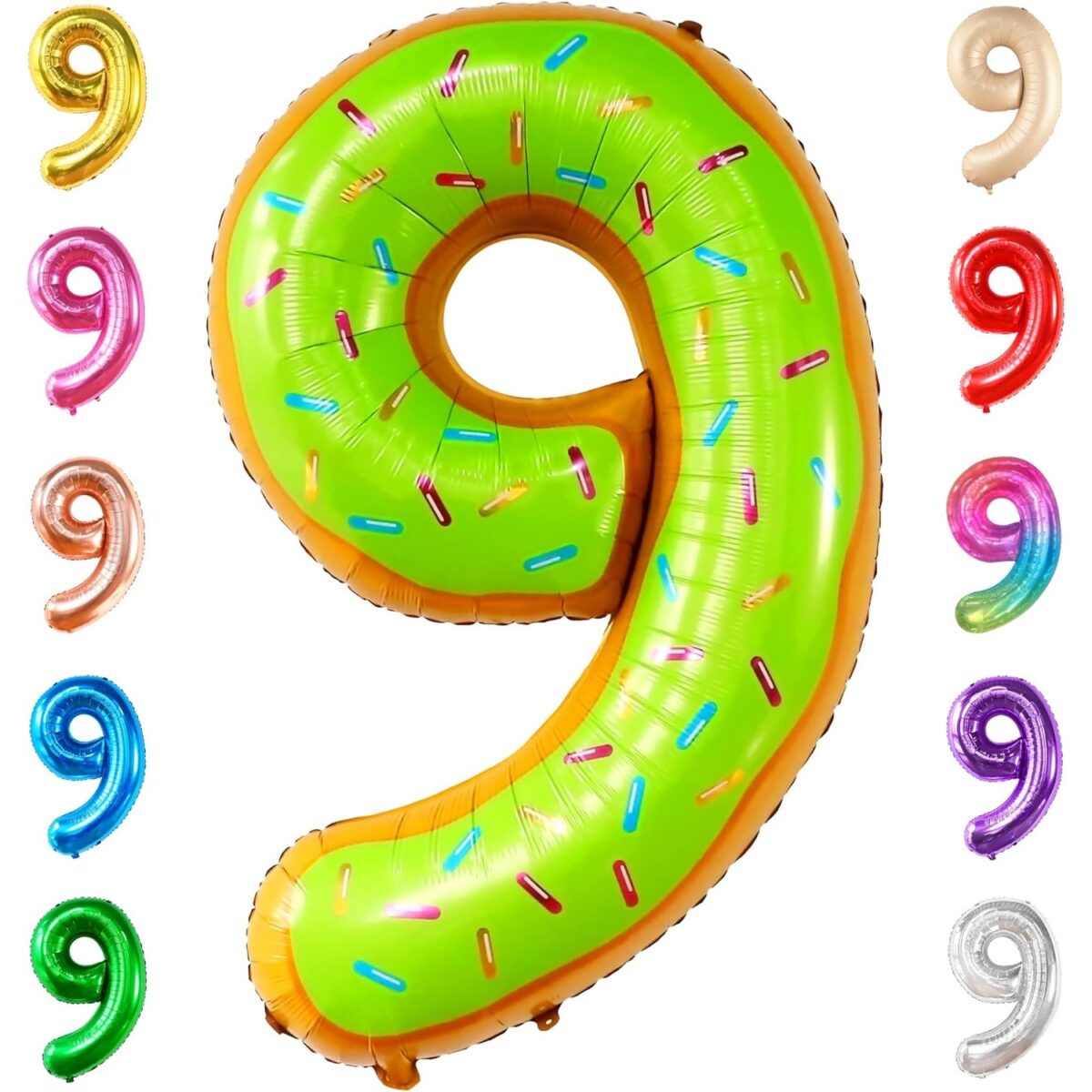 Balon din Folie Metalizata Embo, Figurina Cifra, Imprimeu Gogosi, Tema Aniversare 100 cm, Ambalaj Individual, Pai inclus, Umflare cu Aer sau Heliu, Multicolor, Cifra 9 - imagine 5