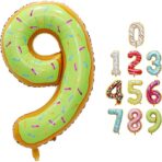 Balon din Folie Metalizata Embo, Figurina Cifra, Imprimeu Gogosi, Tema Aniversare 100 cm, Ambalaj Individual, Pai inclus, Umflare cu Aer sau Heliu, Multicolor, Cifra 9 - imagine 7