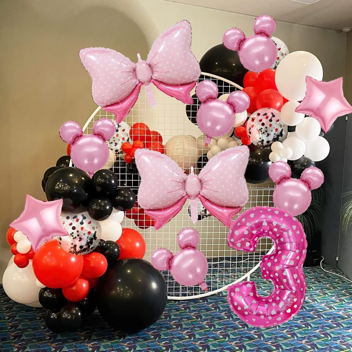 Balon din Folie Metalizata Embo, Figurina Cifra, Imprimeu Inimi, Tema Aniversare 80 cm, Ambalaj Individual, Pai inclus, Umflare cu Aer sau Heliu, Roz, Cifra 3 - imagine 4