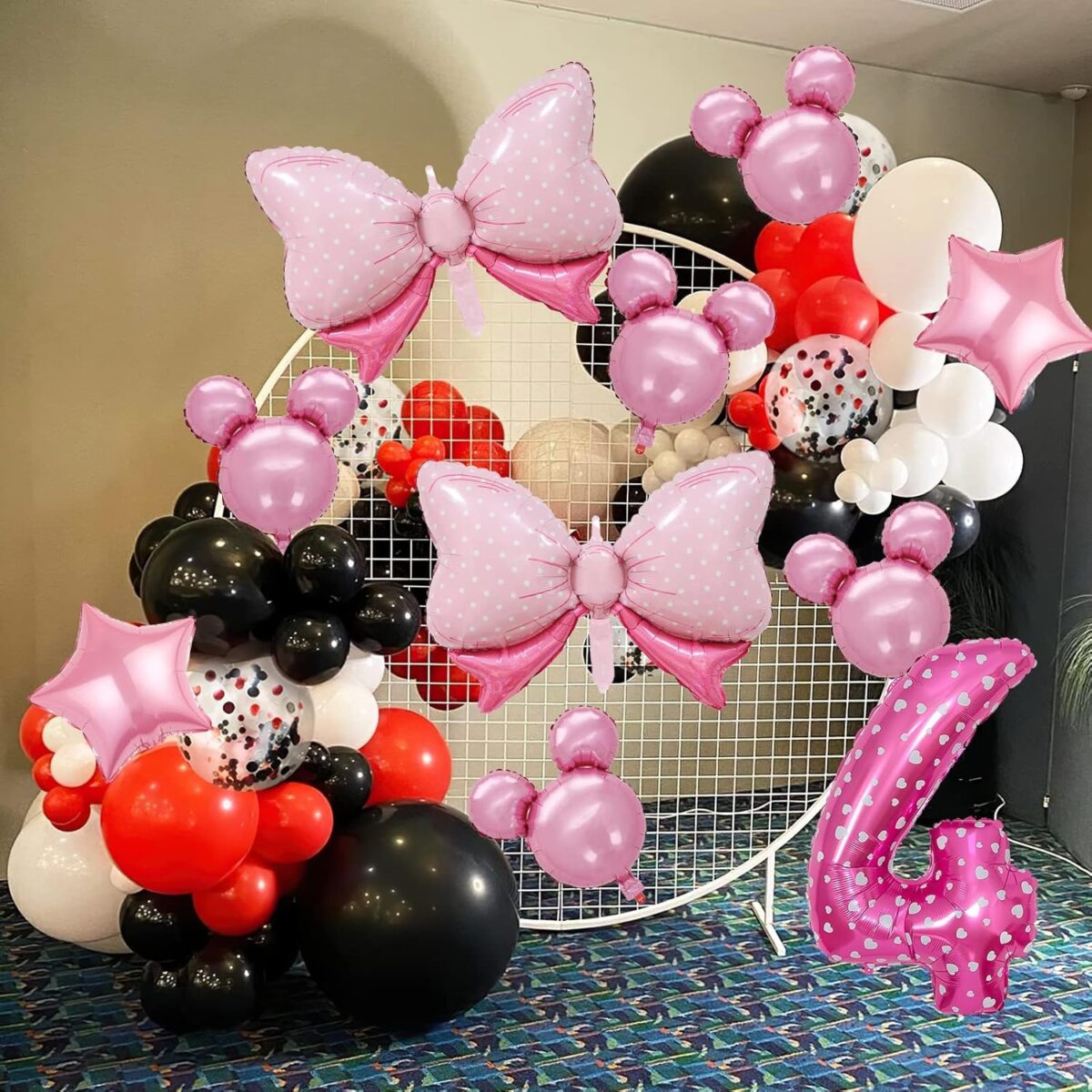 Balon din Folie Metalizata Embo, Figurina Cifra, Imprimeu Inimi, Tema Aniversare 80 cm, Ambalaj Individual, Pai inclus, Umflare cu Aer sau Heliu, Roz, Cifra 4 - imagine 3