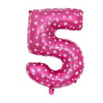 Balon din Folie Metalizata Embo, Figurina Cifra, Imprimeu Inimi, Tema Aniversare 80 cm, Ambalaj Individual, Pai inclus, Umflare cu Aer sau Heliu, Roz, Cifra 5