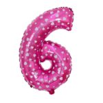 Balon din Folie Metalizata Embo, Figurina Cifra, Imprimeu Inimi, Tema Aniversare 80 cm, Ambalaj Individual, Pai inclus, Umflare cu Aer sau Heliu, Roz, Cifra 6