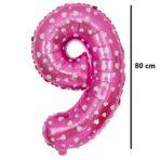 Balon din Folie Metalizata Embo, Figurina Cifra, Imprimeu Inimi, Tema Aniversare 80 cm, Ambalaj Individual, Pai inclus, Umflare cu Aer sau Heliu, Roz, Cifra 9 - imagine 2