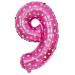 Balon din Folie Metalizata Embo, Figurina Cifra, Imprimeu Inimi, Tema Aniversare 80 cm, Ambalaj Individual, Pai inclus, Umflare cu Aer sau Heliu, Roz, Cifra 9 - imagine 3