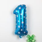 Balon din Folie Metalizata Embo, Figurina Cifra, Imprimeu Stele, Tema Aniversare 80 cm, Ambalaj Individual, Pai inclus, Umflare cu Aer sau Heliu, Albastru, Cifra 1 - imagine 2