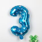 Balon din Folie Metalizata Embo, Figurina Cifra, Imprimeu Stele, Tema Aniversare 80 cm, Ambalaj Individual, Pai inclus, Umflare cu Aer sau Heliu, Albastru, Cifra 3 - imagine 3
