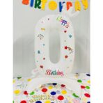 Balon din Folie Metalizata, Embo, Figurina Cifra, Model 0 cu Happy Birthday Scris, Tema Aniversare 81 cm, Ambalaj Individual, Pai Inclus, Umflare cu Aer sau Heliu, Alb - imagine 2