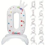 Balon din Folie Metalizata, Embo, Figurina Cifra, Model 0 cu Happy Birthday Scris, Tema Aniversare 81 cm, Ambalaj Individual, Pai Inclus, Umflare cu Aer sau Heliu, Alb