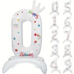 Balon din Folie Metalizata, Embo, Figurina Cifra, Model 0 cu Happy Birthday Scris, Tema Aniversare 81 cm, Ambalaj Individual, Pai Inclus, Umflare cu Aer sau Heliu, Alb