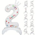 Balon din Folie Metalizata, Embo, Figurina Cifra, Model 2 cu Happy Birthday Scris, Tema Aniversare 81 cm, Ambalaj Individual, Pai Inclus, Umflare cu Aer sau Heliu, Alb