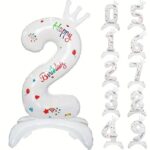Balon din Folie Metalizata, Embo, Figurina Cifra, Model 2 cu Happy Birthday Scris, Tema Aniversare 81 cm, Ambalaj Individual, Pai Inclus, Umflare cu Aer sau Heliu, Alb