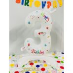 Balon din Folie Metalizata, Embo, Figurina Cifra, Model 3 cu Happy Birthday Scris, Tema Aniversare 81 cm, Ambalaj Individual, Pai Inclus, Umflare cu Aer sau Heliu, Alb - imagine 2