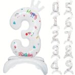 Balon din Folie Metalizata, Embo, Figurina Cifra, Model 3 cu Happy Birthday Scris, Tema Aniversare 81 cm, Ambalaj Individual, Pai Inclus, Umflare cu Aer sau Heliu, Alb