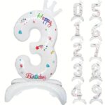 Balon din Folie Metalizata, Embo, Figurina Cifra, Model 3 cu Happy Birthday Scris, Tema Aniversare 81 cm, Ambalaj Individual, Pai Inclus, Umflare cu Aer sau Heliu, Alb