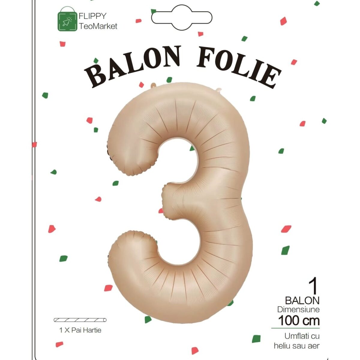 Balon din Folie Metalizata, Embo, Figurina Cifra, Model 3, Tema Aniversare 100 cm, Ambalaj Individual, Pai Inclus, Umflare cu Aer sau Heliu, Crem - imagine 6