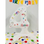 Balon din Folie Metalizata, Embo, Figurina Cifra, Model 4 cu Happy Birthday Scris, Tema Aniversare 81 cm, Ambalaj Individual, Pai Inclus, Umflare cu Aer sau Heliu, Alb - imagine 2