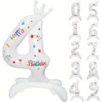 Balon din Folie Metalizata, Embo, Figurina Cifra, Model 4 cu Happy Birthday Scris, Tema Aniversare 81 cm, Ambalaj Individual, Pai Inclus, Umflare cu Aer sau Heliu, Alb
