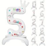Balon din Folie Metalizata, Embo, Figurina Cifra, Model 5 cu Happy Birthday Scris, Tema Aniversare 81 cm, Ambalaj Individual, Pai Inclus, Umflare cu Aer sau Heliu, Alb