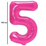 Balon din Folie Metalizata, Embo, Figurina Cifra, Model 5, Tema Aniversare 100 cm, Ambalaj Individual, Pai Inclus, Umflare cu Aer sau Heliu, Roz - imagine 2
