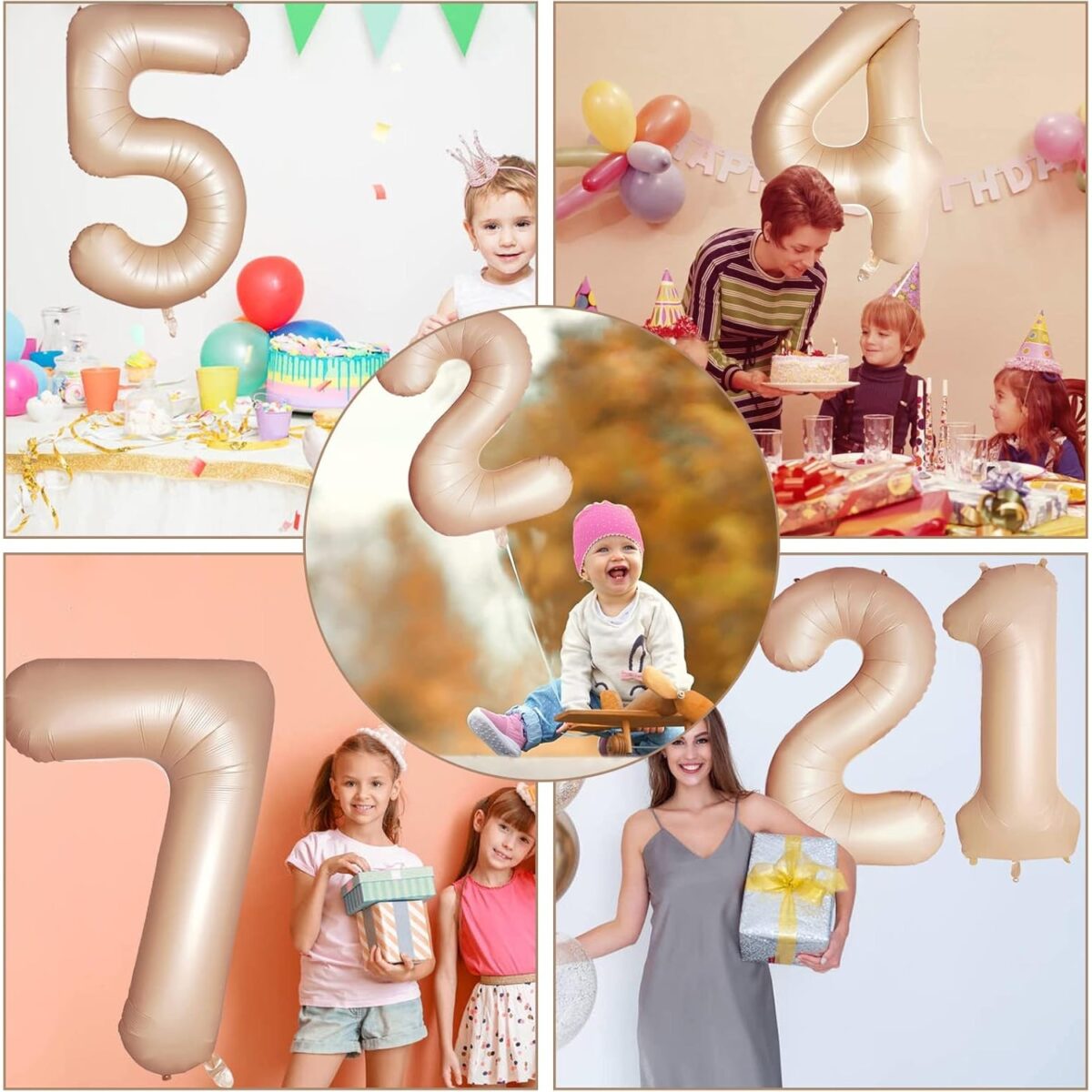 Balon din Folie Metalizata, Embo, Figurina Cifra, Model 6, Tema Aniversare 100 cm, Ambalaj Individual, Pai Inclus, Umflare cu Aer sau Heliu, Crem - imagine 3