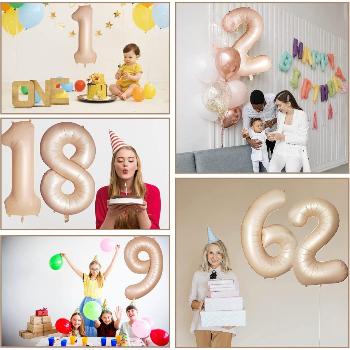 Balon din Folie Metalizata, Embo, Figurina Cifra, Model 6, Tema Aniversare 100 cm, Ambalaj Individual, Pai Inclus, Umflare cu Aer sau Heliu, Crem - imagine 5