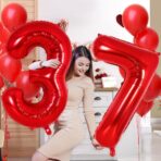 Balon din Folie Metalizata, Embo, Figurina Cifra, Model 7, Tema Aniversare 40 cm, Ambalaj Individual, Pai Inclus, Umflare cu Aer sau Heliu, Rosu - imagine 6