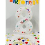 Balon din Folie Metalizata, Embo, Figurina Cifra, Model 8 cu Happy Birthday Scris, Tema Aniversare 81 cm, Ambalaj Individual, Pai Inclus, Umflare cu Aer sau Heliu, Alb - imagine 2