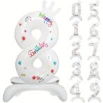 Balon din Folie Metalizata, Embo, Figurina Cifra, Model 8 cu Happy Birthday Scris, Tema Aniversare 81 cm, Ambalaj Individual, Pai Inclus, Umflare cu Aer sau Heliu, Alb