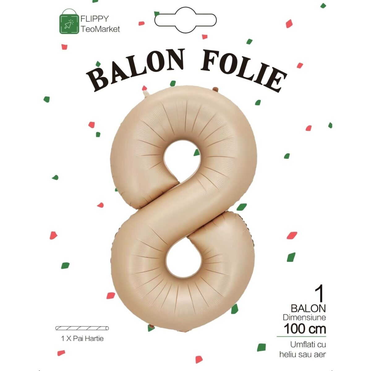 Balon din Folie Metalizata, Embo, Figurina Cifra, Model 8, Tema Aniversare 100 cm, Ambalaj Individual, Pai Inclus, Umflare cu Aer sau Heliu, Crem - imagine 6