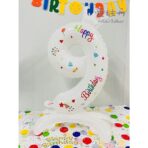 Balon din Folie Metalizata, Embo, Figurina Cifra, Model 9 cu Happy Birthday Scris, Tema Aniversare 81 cm, Ambalaj Individual, Pai Inclus, Umflare cu Aer sau Heliu, Alb - imagine 2