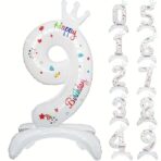Balon din Folie Metalizata, Embo, Figurina Cifra, Model 9 cu Happy Birthday Scris, Tema Aniversare 81 cm, Ambalaj Individual, Pai Inclus, Umflare cu Aer sau Heliu, Alb