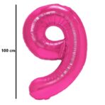 Balon din Folie Metalizata, Embo, Figurina Cifra, Model 9, Tema Aniversare 100 cm, Ambalaj Individual, Pai Inclus, Umflare cu Aer sau Heliu, Roz - imagine 2