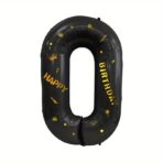 Balon din Folie Metalizata Embo, Figurina Cifra, Scris Happy Birthday, Tema Aniversare 100 cm, Ambalaj Individual, Pai inclus, Umflare cu Aer sau Heliu, Negru, Cifra 0