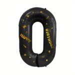 Balon din Folie Metalizata Embo, Figurina Cifra, Scris Happy Birthday, Tema Aniversare 100 cm, Ambalaj Individual, Pai inclus, Umflare cu Aer sau Heliu, Negru, Cifra 0