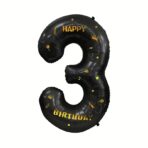 Balon din Folie Metalizata Embo, Figurina Cifra, Scris Happy Birthday, Tema Aniversare 100 cm, Ambalaj Individual, Pai inclus, Umflare cu Aer sau Heliu, Negru, Cifra 3