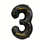 Balon din Folie Metalizata Embo, Figurina Cifra, Scris Happy Birthday, Tema Aniversare 100 cm, Ambalaj Individual, Pai inclus, Umflare cu Aer sau Heliu, Negru, Cifra 3