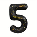 Balon din Folie Metalizata Embo, Figurina Cifra, Scris Happy Birthday, Tema Aniversare 100 cm, Ambalaj Individual, Pai inclus, Umflare cu Aer sau Heliu, Negru, Cifra 5