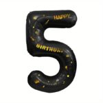 Balon din Folie Metalizata Embo, Figurina Cifra, Scris Happy Birthday, Tema Aniversare 100 cm, Ambalaj Individual, Pai inclus, Umflare cu Aer sau Heliu, Negru, Cifra 5