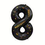 Balon din Folie Metalizata Embo, Figurina Cifra, Scris Happy Birthday, Tema Aniversare 100 cm, Ambalaj Individual, Pai inclus, Umflare cu Aer sau Heliu, Negru, Cifra 8