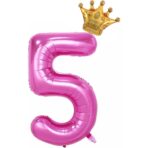 Balon din Folie Metalizata Embo, Figurina Cifra si Coroana, Tema Aniversare 100 cm, Ambalaj Individual, Pai inclus, Umflare cu Aer sau Heliu, Roz, Cifra 5 - imagine 4